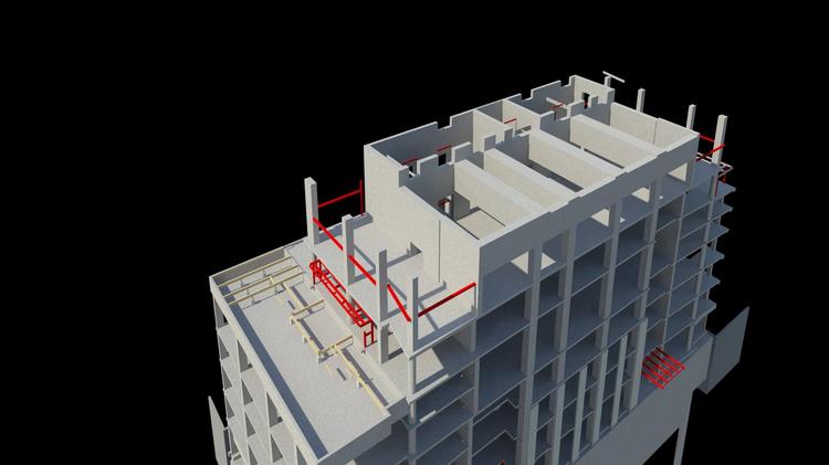 This three-dimensional rendering shows the transfer beams in red running across the building at the 9th floor.